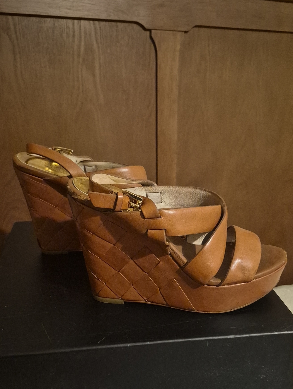 Michael Kors Brown Leather Wedge Sandals with Braided Platform